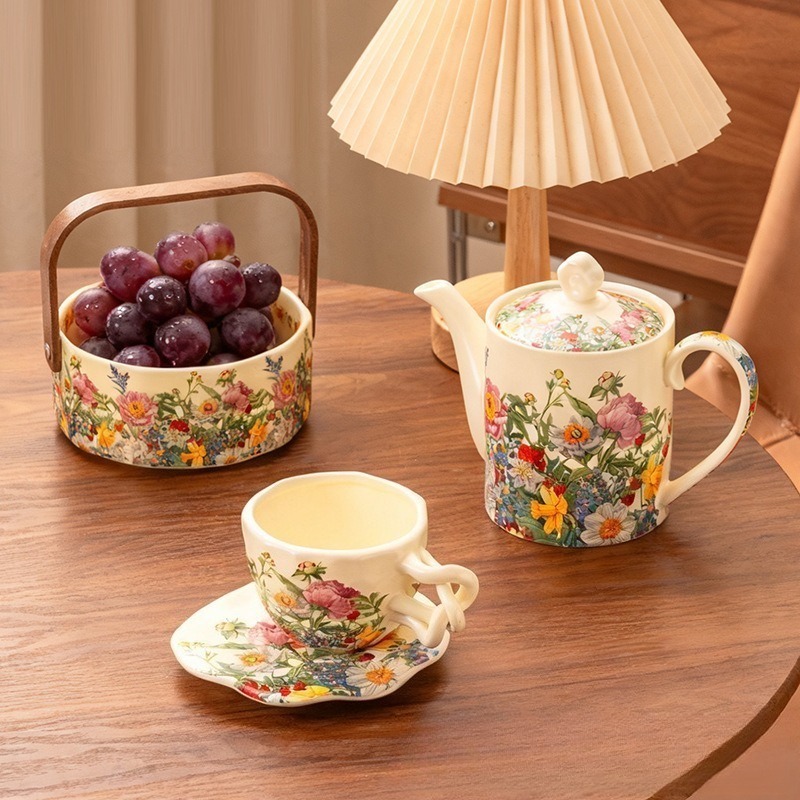 Coffee Tea Gift Basket - Europees vintage bloemmotief keramisch theeservies, 750ml