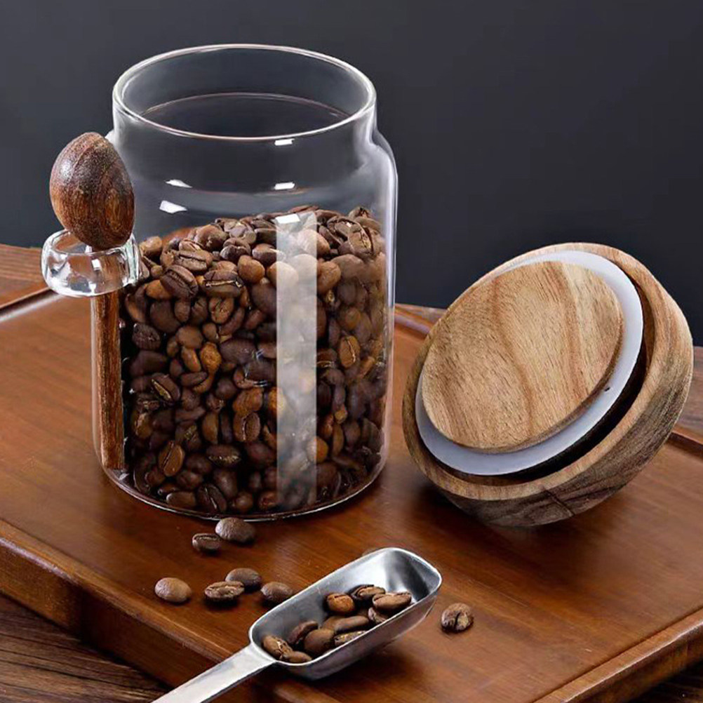 Canister Coffee Sugar Tea - Glazen koffiebonen bewaarpot met luchtdicht houten